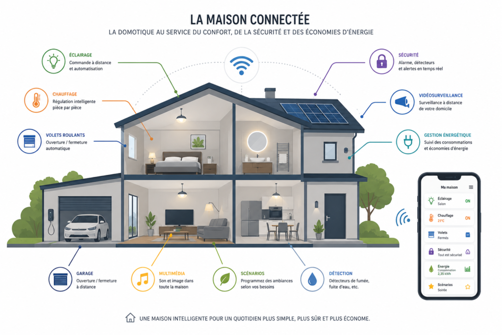 Schéma en coupe d’une maison illustrant les équipements domotiques : éclairage, chauffage, volets roulants, sécurité, vidéosurveillance, gestion énergétique, garage, multimédia et détecteurs, tous pilotables à distance via une application mobile.