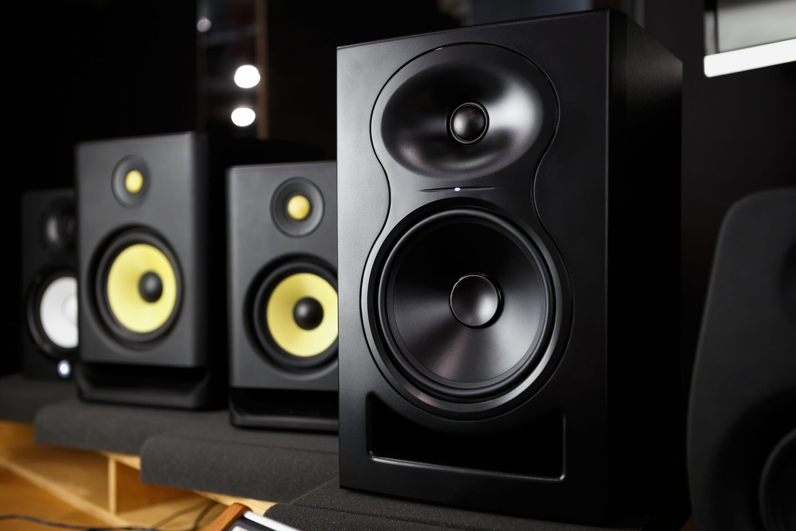 enceinte audio noire avec haut parleur jaune