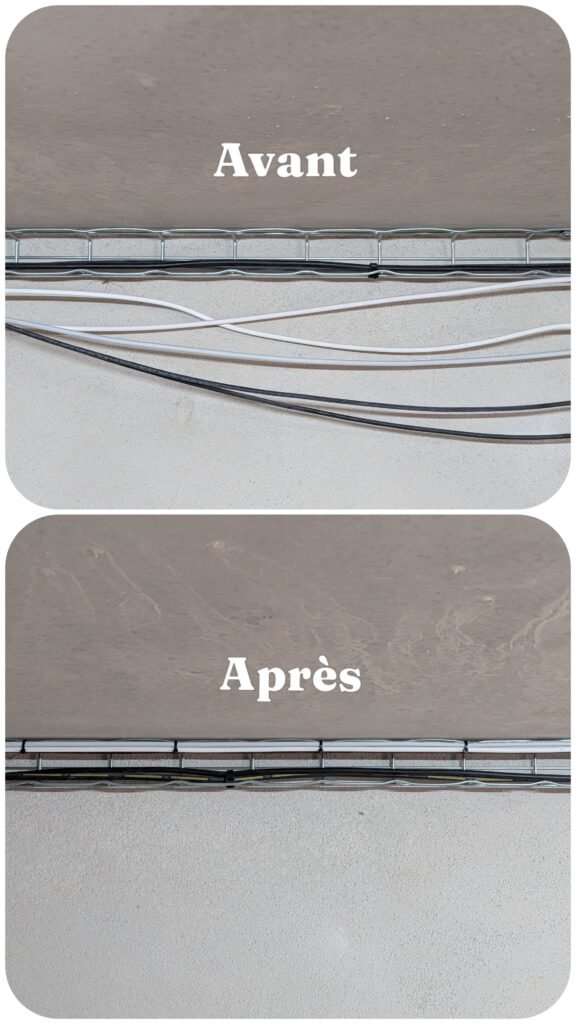 Avant et après l'organisation de câbles de vidéosurveillance dans un chemin de câbles grillagé, avec rangement et finition soignée réalisés par JOUVE SCF.